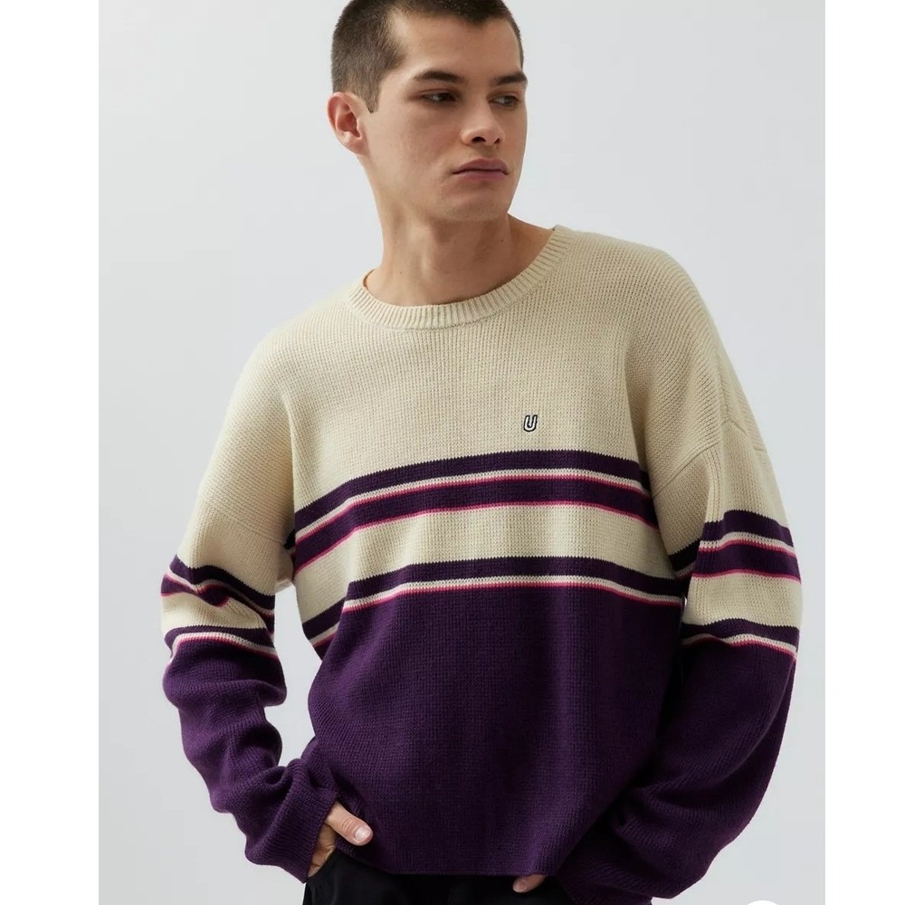 Urban Outfitters Purple/Cream Striped Colorblock Crewneck Sweater